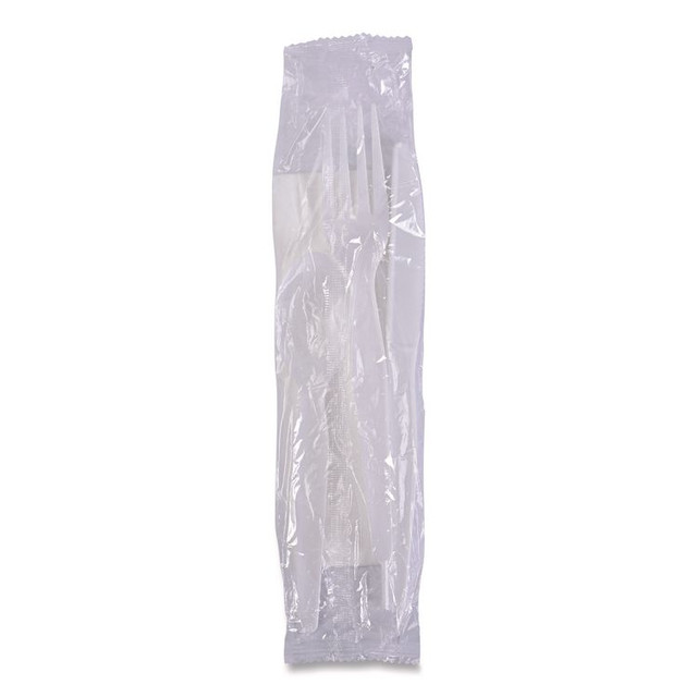 BOARDWALK FKTNMWPPWH Four-Piece Cutlery Kit, Mediumweight, Fork/Knife/Napkin/Spoon, Plastic, White, 250/Carton