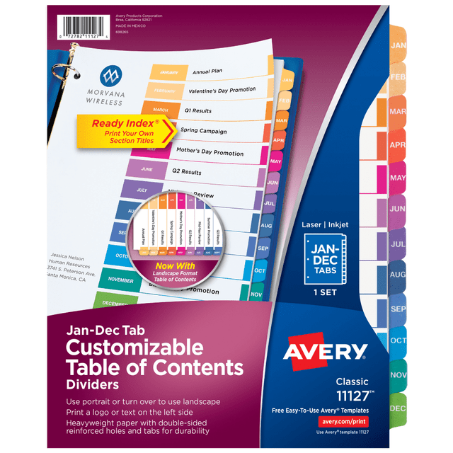 AVERY PRODUCTS CORPORATION 11127 Avery Ready Index Jan-Dec Tab With Customizable Table Of Contents Binder Dividers, 8-1/2in x 11in, 12 Tab, Multicolor, 1 Set