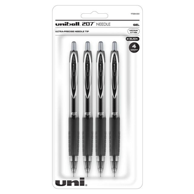 NEWELL BRANDS INC. Uni-Ball 1738430  Signo Gel 207 Retractable Gel Pens, Medium Point, 0.7 mm, Clear Barrels, Black Ink, Pack Of 4