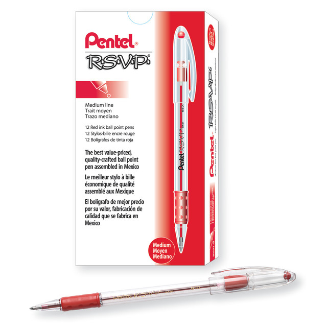 R.S.V.P. pens feature maximum ergonomic comfort thanks to latex-free rubber grips that offer writing control. The permanent ink included in these cozy pens provides a smooth, reliably clean mark that is easily legible.  Rubber Comfort Zone grip offers precise control. Grab hold of this cozy, wide-barreled grip for the ultimate in writing control - easily move the pen as you wish, with no slippage! Latex-free rubber grip provides extra comfort.  Pentel pens deliver permanent ink for extremely reliable, high-quality results.  Handy, built-in pocket clip - never lose your pen again. Designed for safe use with clothing, purses and pockets.  The medium-point pens feature red ink.  Refillable - designed to be used repeatedly, helping you avoid single-use disposables and potentially save money.