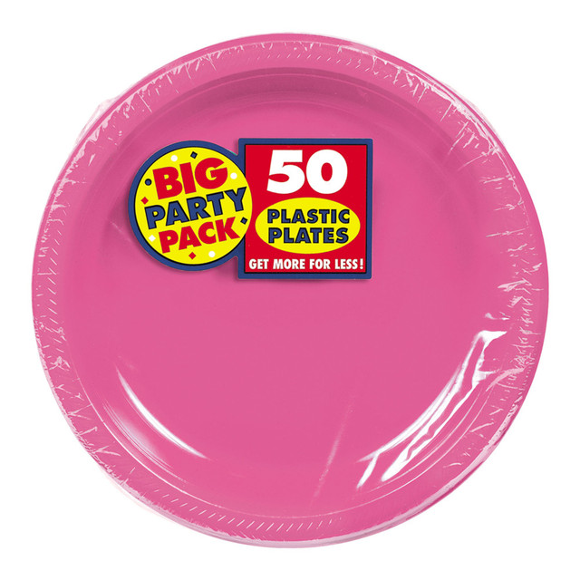 AMSCAN CO INC 630730.103 Amscan Plastic Dessert Plates, 7in, Bright Pink, 50 Plates Per Big Party Pack, Set Of 2 Packs