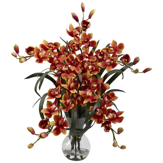 NEARLY NATURAL INC. 1300-BG Nearly Natural 34inH Cymbidium Arrangement With Glass Vase, Burgundy