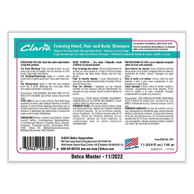 BETCO CORPORATION 7532900 Foaming Hand, Hair and Body Shampoo, Fresh Scent, 1,000 mL, 6/Carton