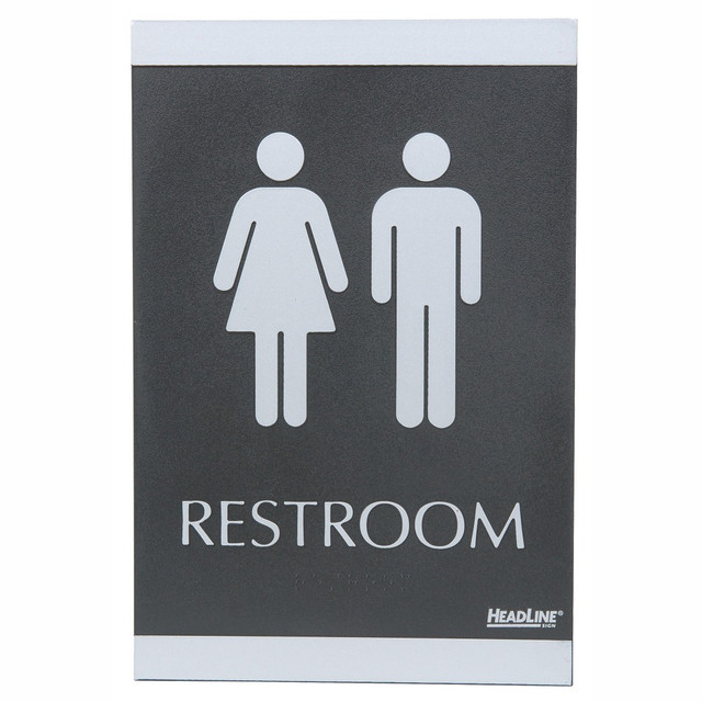 HEADLINE SIGNS 4249 U.S. Stamp & Sign Century Series ADA Sign,6in x 9in, "Restroom", Black/Silver HEADLINE SIGNS 4249 U.S. Stamp & Sign Century Series ADA Sign,6in x 9in, "Restroom", Black/Silver
