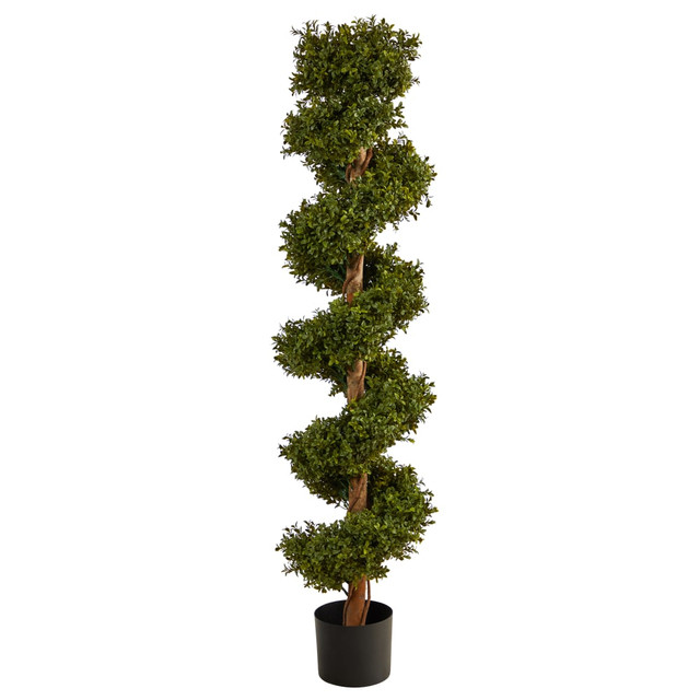 NEARLY NATURAL INC. Nearly Natural T2029  Boxwood Spiral Topiary 5'H Artificial Tree With Planter, 60inH x 9inW x 9inD, Green/Black