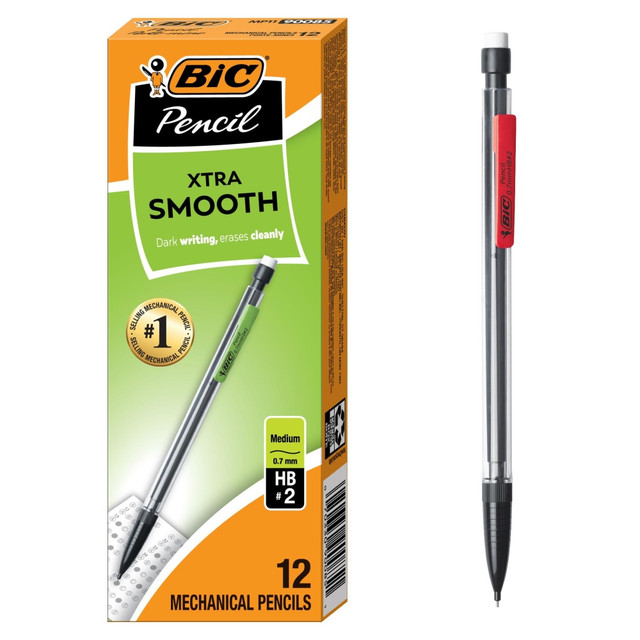 Long-lasting BIC mechanical pencils help you stay prepared with plenty of lead. Each mechanical pencil contains an equivalent amount of lead as is found in 2 1/2 woodcase pencils. The clip attachment helps prevent the loss of your mechanical pencil, making it easier to use each one for a longer amount of time.  These BIC mechanical pencils are great for a range of precision writing tasks.  Each mechanical pencil contains 3 full-length leads that provide the equivalent of 2 1/2 woodcase pencils.  Self-feeding design provides easy lead advancement.  Take your mechanical pencil on the go with built-in clip offers easy attachment to a pocket or notebook.  Black-barrel pencils for everyday use.  A 12-pack of pencils helps you stock your office area.  Flexibility is key for remote learning and when working from home.  Refillable - designed to be used repeatedly, helping you avoid single-use disposables and potentially save money.