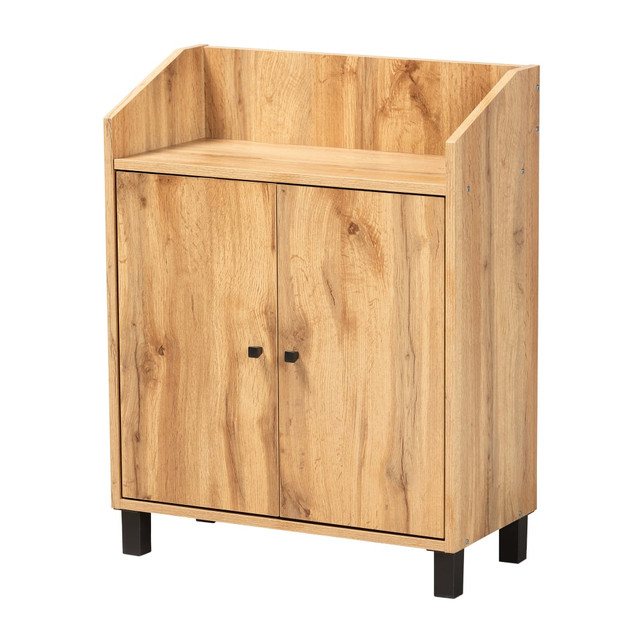 WHOLESALE INTERIORS, INC. 2721-11690 Baxton Studio Rossin 2-Door Entryway Shoe Storage Cabinet With Top Shelf, Oak/Black WHOLESALE INTERIORS, INC. 2721-11690 Baxton Studio Rossin 2-Door Entryway Shoe Storage Cabinet With Top Shelf, Oak/Black