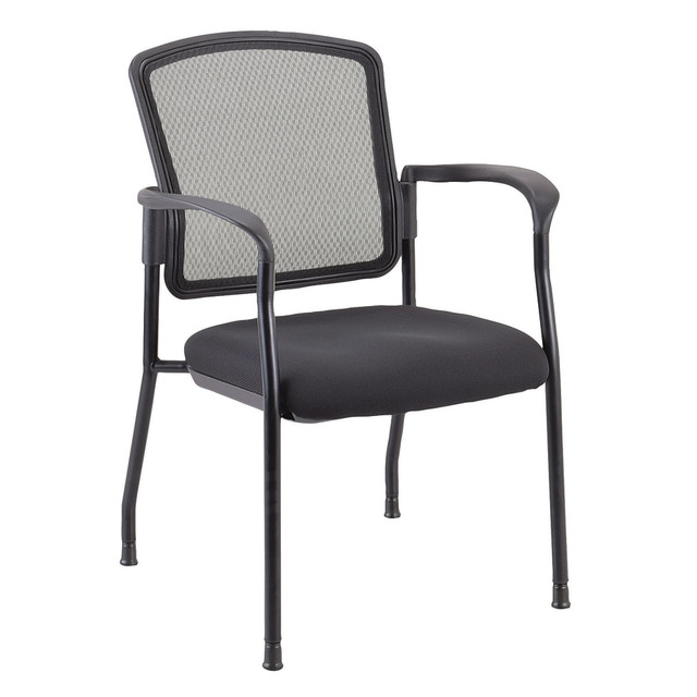 Treat your guests to a warm reception with the WorkPro Spectrum stacking guest chair with arms. The upholstered side chairs feature durable steel frames that handle frequent use, while the armrests provide upper body support. These mesh back guest chairs feature fabric seats for day-long comfort.  Stackable guest chair with a mesh backrest.  Armrests provide comfort throughout the day.  Durable steel frame for stability and durability.  Backed by the manufacturers lifetime limited warranty.  GREENGUARD certified - certified for low chemical emissions: UL.COM/GG - UL 2818. Ranked in two tiers: Certified and Gold.  ANSI/BIFMA Compliant - This product has been tested and verified for compliance with rigorous performance requirements and safety standards related to specific furniture products.  Less harsh chemicals - made with fewer harsh chemicals, or safer chemicals than typical alternatives, helping  reduce your use of and exposure to substances that may be more harmful to your health and the environment.