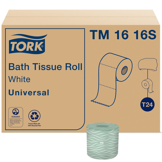 Make sure your visitors have what they need by adding these Tork T24 2-Ply Toilet Paper rolls to your space. The rolls are compatible with your Tork T24 dispenser and feature attractive embossing for a bulky yet soft feel.  Suitable for use with Tork T24 dispensers.  2-ply design offers strength and softness.  Individually wrapped rolls for improved hygiene.  High sheet count means fewer refills needed.  96 rolls to stock your space.  EcoLogo certified - reduced environmental impact from an overall lifecycle standpoint.  Less harsh chemicals - made with fewer harsh chemicals, or safer chemicals than typical alternatives, helping  reduce your use of and exposure to substances that may be more harmful to your health and the environment.  Contains Recycled Content - See Specs for Details.