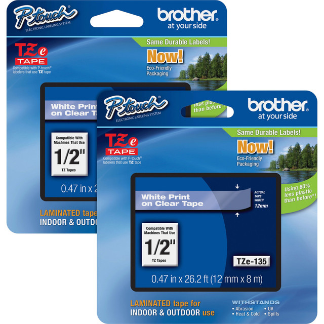 BROTHER INTL CORP TZE135BD Brother P-touch TZe Laminated Tape Cartridges, 1/2inW, White, Clear, 2 Per Bundle BROTHER INTL CORP TZE135BD Brother P-touch TZe Laminated Tape Cartridges, 1/2inW, White, Clear, 2 Per Bundle
