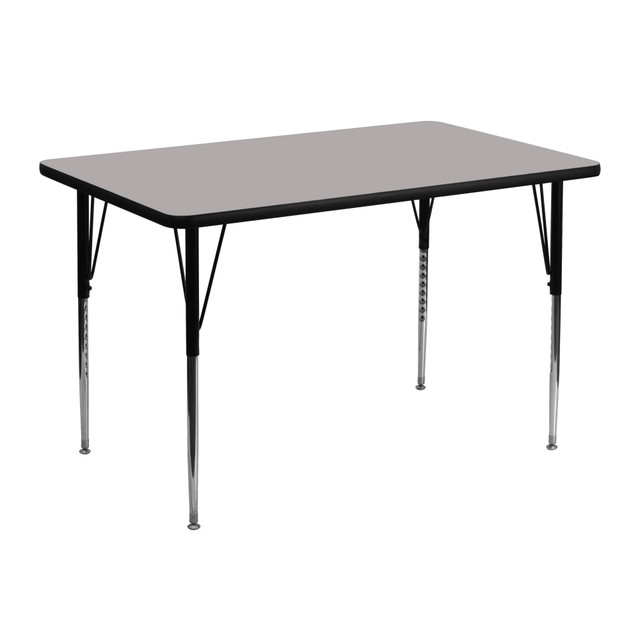 Create an engaging learning environment with help from the Flash Furniture Rectangular HP Laminate Activity Table With Standard Height-Adjustable Legs. This table is made with a thick, high-pressure laminate tabletop that withstands everyday use. The steel legs allow simple size adjustments to accommodate children and adults alike.  Popular Rectangular Activity Table  Scratch and Stain Resistant Surface  1.25in Thick High Pressure Laminate Top  Protective Edge Band  16 Gauge Tubular Steel Legs  Powder Coated Upper Legs and Chrome Lower Legs  Legs Adjust in 1in Increments  Self-Leveling Nylon Floor Glides  Recommended Grade Level: 1st Grade - Adult  Recommended Seating Capacity: 4 Adults or Children