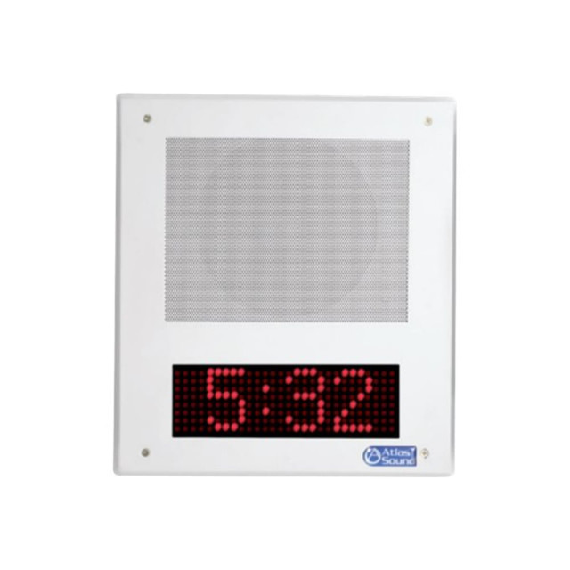 Model I8SC from Atlas Sound consists of a factory assembled loudspeaker, LED clock, baffle with PCB amplifier, and control board securely mounted to the rear of the baffle via concealed weld studs. The amplifier/control board is capable of producing 9 Watts RMS into the 8O loudspeaker with 9VDC minimum power provided by IEEE 802.3af-compliant POE switches. Local 12VDC - 18VDC PSUs may also be used instead of POE switches. Interconnection is via a board mounted female RJ-45 connector. The industry standard C10A loudspeaker used in the I8SC is a dual-cone loudspeaker with a ceramic magnet. The LED clock is a dot matrix LED display. The 18-gauge construction of the metal baffle provides security and durability in commercial applications.