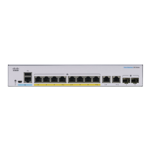 CISCO CBS250-8PP-E-2G-NA  250 CBS250-8PP-E-2G Ethernet Switch - 8 Ports - Manageable - 2 Layer Supported - Modular - 2 SFP Slots - 66.02 W Power Consumption - 45 W PoE Budget - Optical Fiber, Twisted Pair - PoE Ports - Rack-mountable - Lifetime Limit