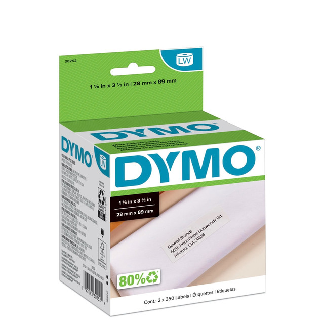 COSTAR CORPORATION Dymo 30252  LW Address Label Rolls, 30252, Rectangular, 1 1/8in x 3 1/2in, White, 350 Labels Per Roll, Box Of 2 Rolls