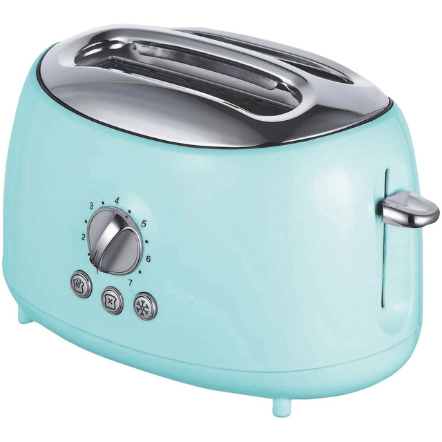 BRENTWOOD APPLIANCES , INC. TS-270BL Brentwood TS-270BL Cool Touch 2-Slice Extra Wide Slot Retro Toaster, Blue - 800 W - Toast, Bagel, Waffle, Browning, Defrost, Reheat - Blue, Silver