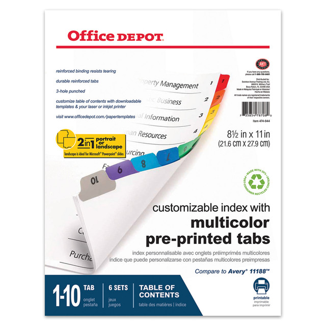 OFFICE DEPOT 3585414710  Brand Table Of Contents Customizable Index With Preprinted Tabs, Multicolor, Numbered 1-10, Pack Of 6 Sets