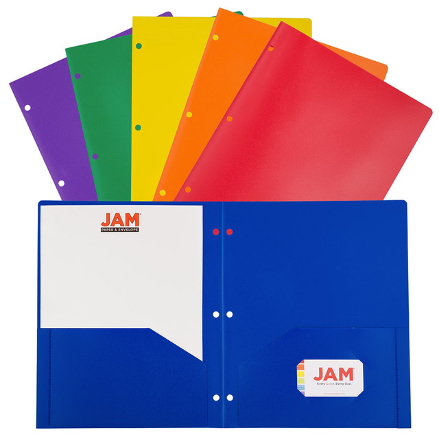 JAM PAPER AND ENVELOPE 382EHPASTPR JAM Paper POP Plastic 3-Hole Punched 2-Pocket School Folders, 9-1/2in x 11-1/2in, Assorted Primary, Pack Of 6 Folders