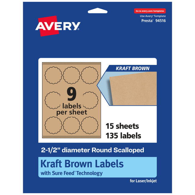 AVERY PRODUCTS CORPORATION 94516-KMP15 Avery Kraft Permanent Labels With Sure Feed, 94516-KMP15, Round Scalloped, 2-1/2in Diameter, Brown, Pack Of 135 AVERY PRODUCTS CORPORATION 94516-KMP15 Avery Kraft Permanent Labels With Sure Feed, 94516-KMP15, Round Scalloped, 2-1/2in Diameter, Brown, Pack Of 135