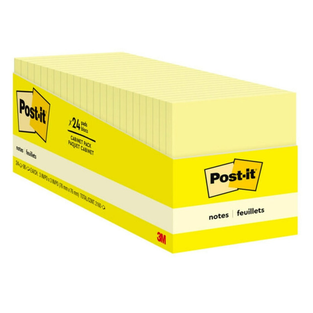 3M CO 65424CP Post-it Notes, 3 in x 3 in, 24 Pads, 90 Sheets/Pad, Clean Removal, Canary Yellow