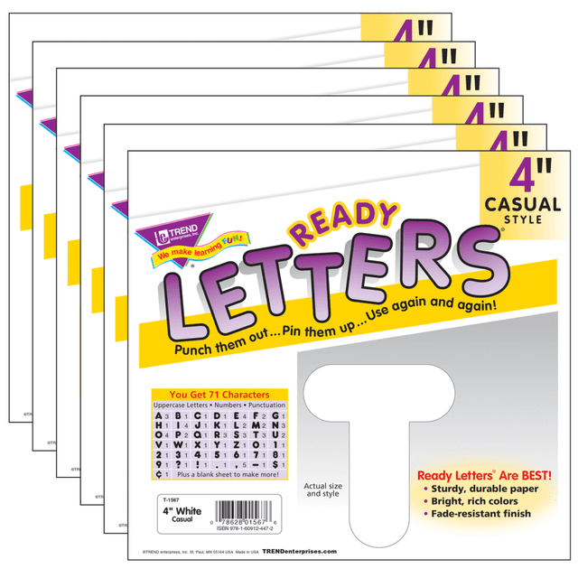 EDUCATORS RESOURCE T-1567-6 TREND Ready Letters, 4in, Casual Uppercase, White, Set Of 6 Packs EDUCATORS RESOURCE T-1567-6 TREND Ready Letters, 4in, Casual Uppercase, White, Set Of 6 Packs
