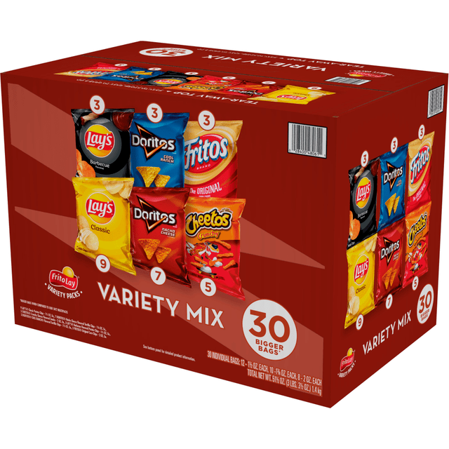 When you are inviting over some friends for a movie or a game night, having snacks in the pantry is a must. A variety pack of Frito-Lay chips can satisfy their hunger in between activities. Make sure everyone can pick their favorite snack with a Frito-Lay variety pack.  Variety Pack is loaded with delicious flavors of Frito-Lay snacks.  Great for stocking the office breakroom or your home pantry.  Individual, 1 oz bags. Classic chips come in a pack of 30 and feature a variety of chips.