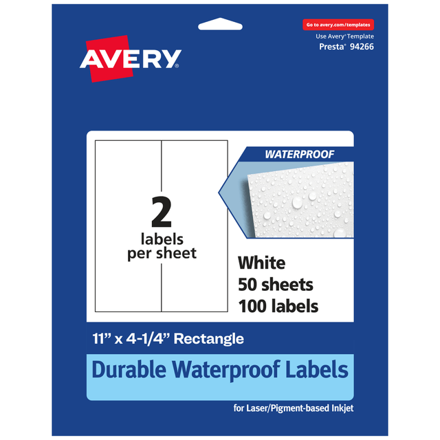 AVERY PRODUCTS CORPORATION 94266-WMF50 Avery Waterproof Permanent Labels, 94266-WMF50, Rectangle, 11in x 4-1/4in, White, Pack Of 100