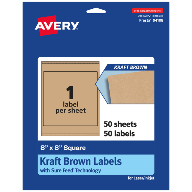 AVERY PRODUCTS CORPORATION 94108-KMP50 Avery Kraft Permanent Labels With Sure Feed, 94108-KMP50, Square, 8in x 8in, Brown, Pack Of 50