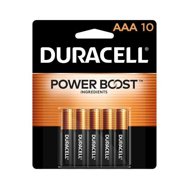 Duracell Coppertop AAA batteries with POWER BOOST Ingredients deliver dependable power to your everyday devices throughout the home and office, like toys, remote controls, flashlights, calculators, clocks and radios, wireless mice, keyboards, and more. With a guarantee of 12 years in storage, you can rest assured they will be ready when you need them. Duracell guarantees these batteries against defects in material and workmanship. From storm season to holiday needs, Duracell is the #1 trusted battery brand for the moments that matter most.  FORMULATED WITH POWER BOOST INGREDIENTS: Duracell Coppertop AAA alkaline batteries contain Duracell"s patented POWER BOOST Ingredients which deliver lasting performance in your devices.  GUARANTEED FOR 12 YEARS IN STORAGE:  Duracell guarantees each Coppertop AAA alkaline battery to last 12 years in storage, so you can be confident these batteries will be ready when you need them.  DEPENDABLE POWER: Duracell Coppertop AAA batteries are made to power everyday devices throughout the home or office, like TV and gaming remotes, cameras, flashlights, toys, and more.  #1 TRUSTED BATTERY BRAND:  From storm prep to holiday needs, Duracell is the #1 trusted battery brand for the moments that matter most.  QUALITY ASSURANCE: With Duracell batteries, quality is assured, as every Duracell product is guaranteed against defects in material and workmanship.  Pack of 10 AAA batteries