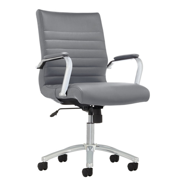 Furnish your workstation with this Realspace Modern Comfort Winsley mid-back bonded leather chair. The metal frame offers sturdy support, while the lumbar support promotes an upright posture and strain relief. Pneumatic seat-height adjustment and tilt lock let you effortlessly customize your seating position. This Realspace Modern Comfort Winsley mid-back chair features rolling casters for seamless maneuvering and bonded leather upholstery for easy cleanup.  Lumbar supports your lower back to improve posture.  Pneumatic seat-height adjustment lets you customize your seat.  Bonded leather chair in gray.  ANSI/BIFMA Compliant - This product has been tested and verified for compliance with rigorous performance requirements and safety standards related to specific furniture products.  Suitable as an office home chair or as a Student desk chair.