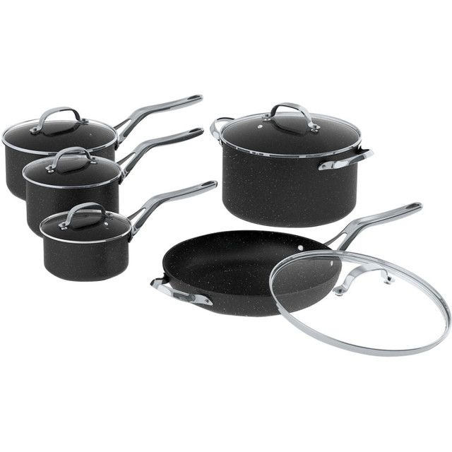 STARFRIT USA INC 060319-001-0000 Starfrit The Rock 10-Piece Cookware Set with Stainless Steel Handles - 1 quart Saucepan, 2 quart Saucepan, 3 quart Saucepan, 6 quart Saucepan, Lid, 11in Diameter Frying Pan - Forged Aluminum Base, Steel Handle - Cooki