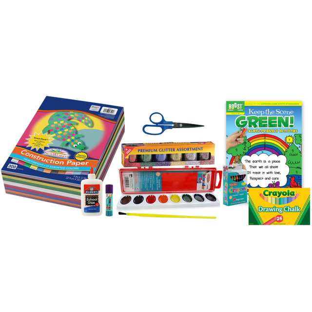 Young minds will love letting inspiration strike with the Educators Resource Arts & Crafts Kit 8. The kit includes chalk, crayons, watercolors, glitter, glue, scissors, construction paper and more to make playtime something special.  24-pack of Crayola drawing chalk, 24 Charles Leonard crayons and an 8-color watercolor set offers multiple ways to create.  8 oz Elmers washable school glue, a 0.28 oz purple Charles Leonard Economy glue stick, 0.75 oz jars of Hygloss glitter and 5in Charles Leonard Childrens pointed scissors help embellish your crafts.  Comes with a BOOST Keep the Scene Green! activity book and 300 sheets of Prang 9in x 12in medium weight groundwood construction paper in 11 colors.  Designed for students in Pre-K to grade 2.