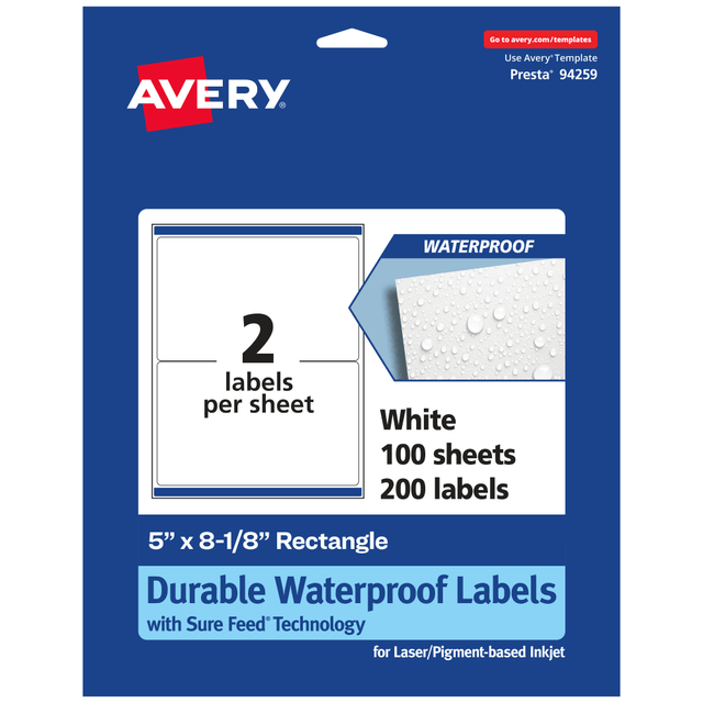 AVERY PRODUCTS CORPORATION 94259-WMF100 Avery Waterproof Permanent Labels With Sure Feed, 94259-WMF100, Rectangle, 5in x 8-1/8in, White, Pack Of 200