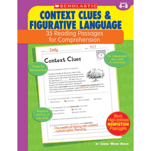Give students the repeated practice needed to master the reading skill of using context clues and understanding figurative language  Each of the 35 reproducible pages features a high-interest nonfiction reading passage.  Test-formatted practice questions (short-answer) target this essential reading comprehension skill.  Flexible and easy to use - in school or at home.  Also includes model lessons, pre- and post-assessments and an answer key.  Helps students succeed on tests.