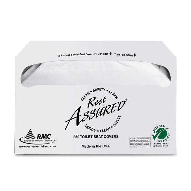 The comfort of your guests is extremely important to you, so you provide the best supplies. Add Rochester Midland toilet seat covers to your stock of hand soap, paper towels and other restroom necessities to maintain a sanitary environment for all.  Rochester Midland covers guard against e-coli, staph, herpes and other infections that can be passed by contact with toilet seats.  These half-fold toilet seat covers are made of fine white bleached tissues.  Toilet seat covers come in a case of 1,000.  Eco-conscious choice - has one or more meaningful eco attributes or eco-labels.  Recycled content - helps you save resources and avoid waste. Product contains 100% total recycled content, including 30% postconsumer content.  Green Seal certified - reduced environmental impact from an overall lifecycle standpoint.  Less harsh chemicals - made with fewer harsh chemicals, or safer chemicals than typical alternatives, helping  reduce your use of and exposure to substances that may be more harmful to your health and the environment.  Contains Recycled Content - See Specs for Details.