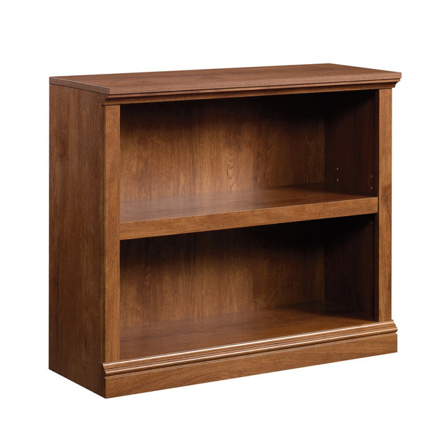 Organize your books, files or records or display your favorite china, collectibles or photos on this sturdy, attractive Sauder Select bookcase. The simple, chunky design fits well with any interior, adding handy storage to living and dining rooms, offices or hallways.  Constructed from engineered wood, this bookcase is durable and stable, holding strong to display your books, collectibles and photos for years to come.  Fixed shelves mean no wobbling or shifting, just solid storage.  Weight capacity per shelf tested for 35 lb.  This low-level 2 shelf unit provides just enough space to stack away books or magazines or display your most special treasures.  Flat top provides additional display surface or acts as a handy side table.  Light oak finish looks great in a contemporary or country cottage style space.  Just 30in height for unobtrusive storage.  Assembly required.