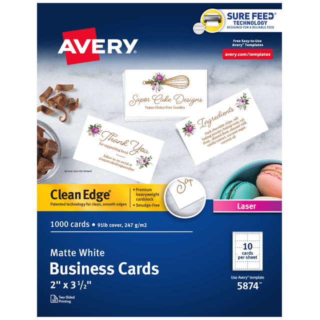 AVERY PRODUCTS CORPORATION 5874 Avery Clean Edge Printable Business Cards With Sure Feed Technology For Laser Printers, 2in x 3.5in, White, 1,000 Blank Cards