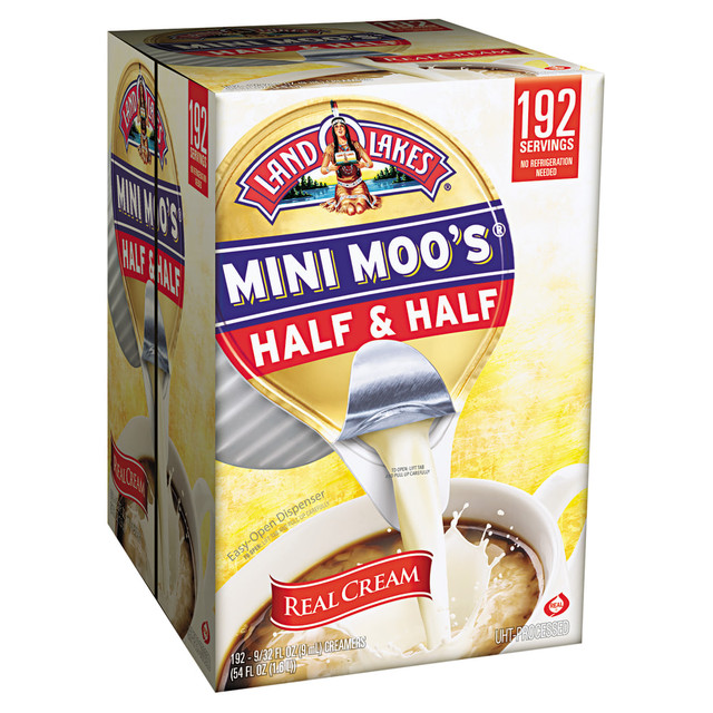 Perfect for hotel rooms, office breakrooms and on-the-go coffee drinkers, Land OLakes Mini Moos contain the ideal serving of Half-and-Half creamer for an indulgent morning coffee.  Delicious half-and-half for a creamy, sweet coffee.  Storage is easy, with no refrigeration necessary.  UHT processed for longer life.  Single serve jiggers provide the perfect amount for an average sized coffee.  Liquid creamer stirs easily into drinks without effort.  Carton of 192 single serve creamer pots.