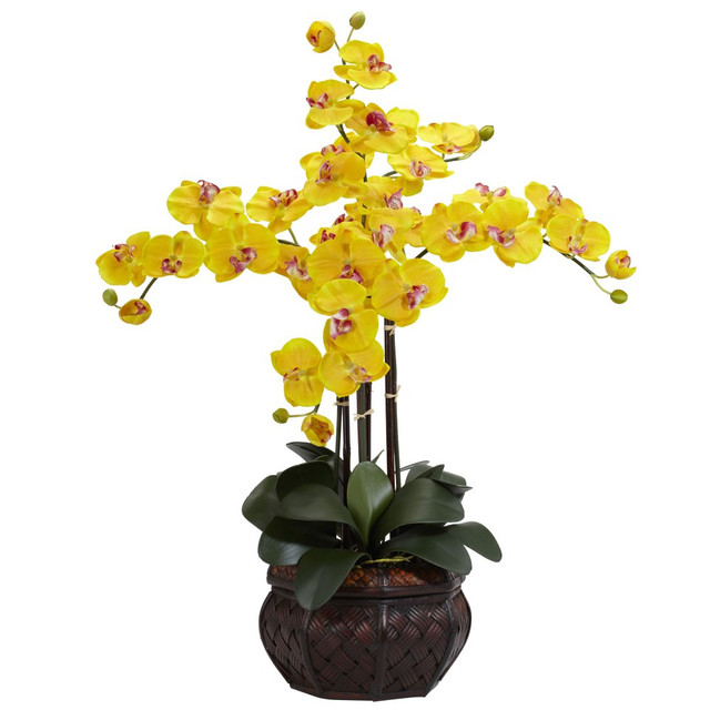 NEARLY NATURAL INC. 1211-YL Nearly Natural 31inH Silk Phalaenopsis Arrangement With Decorative Pot, Yellow