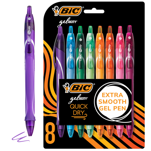 BIC CORP RGLCGAP81-AST BIC Gel-ocity Quick Dry Retractable Gel Pens, Medium Point, 0.7 mm, Assorted Colors, Pack Of 8