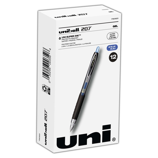 NEWELL BRANDS INC. 1790923 uni-ball 207 Retractable Fraud Prevention Gel Pens, Ultra Micro Point, 0.38 mm, Black Barrels, Blue Ink, Pack Of 12