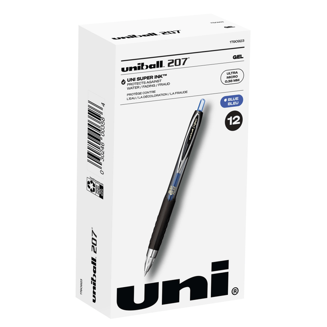 NEWELL BRANDS INC. 1790923 uni-ball 207 Retractable Fraud Prevention Gel Pens, Ultra Micro Point, 0.38 mm, Black Barrels, Blue Ink, Pack Of 12 NEWELL BRANDS INC. 1790923 uni-ball 207 Retractable Fraud Prevention Gel Pens, Ultra Micro Point, 0.38 mm, Black Barrels, Blue Ink, Pack Of 12