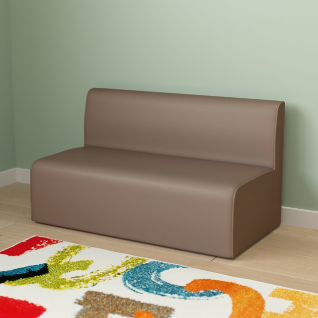 Create an inviting space for students with the Flash Furniture Bright Beginnings Commercial-Grade Modular Classroom 2-Seater Sofa. This classroom chair is made with a strong and reliable plywood frame. Its vinyl upholstery and high-density foam cushion offer softness to keep users comfortable.  Overall Dimensions: 19-1/2inH x 34-1/2inW x 17-1/2inD.  Weight capacity tested to support up to 200 lb.  Vinyl upholstery and high-density foam cushioning.  Modular, armless design.  Strong plywood frame.  Wipe clean with a damp cloth.  Coordinates with other pieces in the Early Education Collection.  Save time - no assembly required.  Backed by the manufacturers 3-year limited warranty.