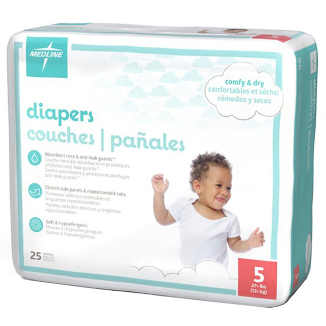 MEDLINE INDUSTRIES, INC. Medline MBD2005  Disposable Baby Diapers, Size 5, 27+ Lb, White, 25 Diapers Per Pack, Case Of 8 Packs