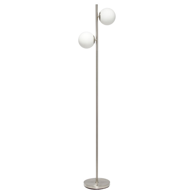 ALL THE RAGES INC Simple Designs LF1044-BSN  Tree Floor Lamp With Dual White Glass Globe Shades, 66inH, White Shades/Brushed Nickel Base