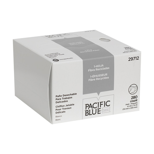 GEORGIA-PACIFIC CORPORATION Pacific Blue Basic 29712  DISPOSABLE DELICATE TASK WIPERS, 4.5in x 7.9in, Box Of 280 Towels, 100% Recycled, White