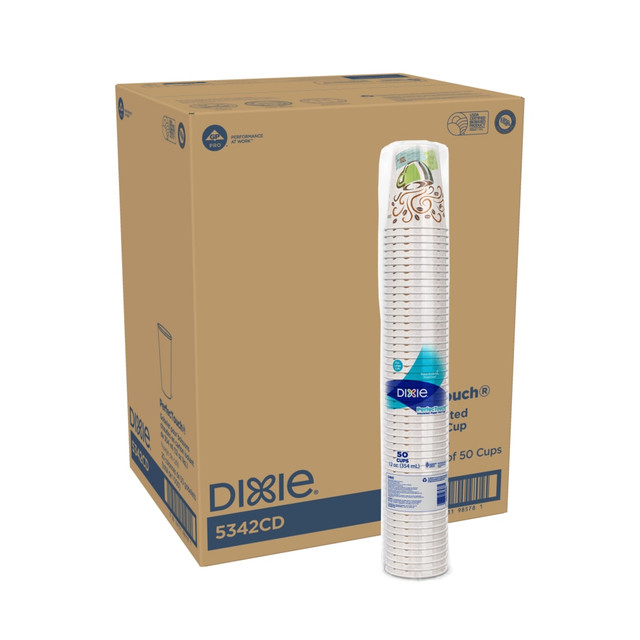 The WiseSize product offering provides a packaging solution for efficiencies in your business. New smaller case sizes and a sleek, uniform poly design have been developed for an assortment of popular products. These smaller case sizes will result in a minimum of split cases and the individual UPC coded poly will make it easier to pull product for delivery.  INSULATED HOT PAPER CUPS keep drinks hot and fingers cool  MORE HYGIENIC because they are one-time use compared to permanent ware cups  A COST EFFICIENT OPTION because there's no need for cardboard cup sleeves or double-cupping  DUAL-PURPOSE paper cups help with storage constraints and simplify ordering  PRODUCT MAY BE RECYCLED if you have access to a recycler that accepts paper or plastic products containing food residue.  Such facilities may not exist in your area  LOOKS AND FEELS LIKE FOAM but contains no foam, and the outer lining is sturdy and comfortable to hold  COMPATIBLE with Dixie large lids D9542, D9542B, TP9542, TP9542B  KOSHER Certified  USDA Certified Biobased product, The Sustainable Forestry Initiative certified sourcing label is proof Georgia-Pacific is using fiber from responsible and legal sources. SFI is a registered trademark owned by Sustainable Forestry Initiative, Inc. www.sfiprogram.org  PerfecTouch 12-oz cups are great for stocking the office kitchen - used for tea and other hot or cool beverages.  Box of 1,000 (20 sleeves with 50 cups per sleeve).