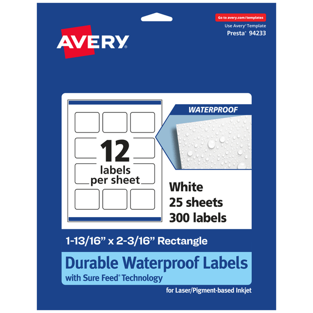 AVERY PRODUCTS CORPORATION 94233-WMF25 Avery Waterproof Permanent Labels With Sure Feed, 94233-WMF25, Rectangle, 1-13/16in x 2-3/16in, White, Pack Of 300