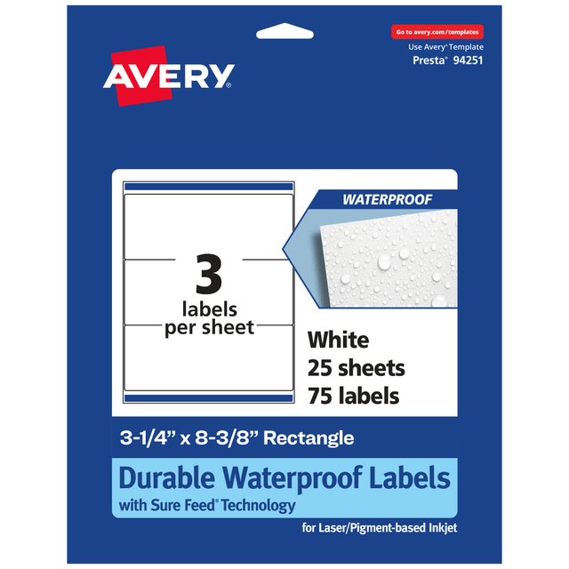 AVERY PRODUCTS CORPORATION 94251-WMF25 Avery Waterproof Permanent Labels With Sure Feed, 94251-WMF25, Rectangle, 3-1/4in x 8-3/8in, White, Pack Of 75