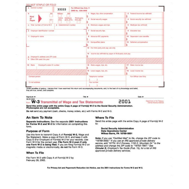 TOPS BUSINESS FORMS 2203 TOPS Continuous W-3 Transmittal of Wage Form, 9 1/2in x 11in, 2-Part, White, Pack Of 10 TOPS BUSINESS FORMS 2203 TOPS Continuous W-3 Transmittal of Wage Form, 9 1/2in x 11in, 2-Part, White, Pack Of 10