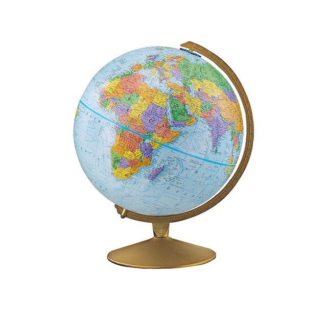 Bright colors make it fun for kids to explore the world  More than 4,000 place names and political boundary markers help kids learn where countries are located.  Brightly colored land masses and oceans offer an attractive contrast to the gold-colored metal base.  Compact design can fit on a shelf or a desktop.